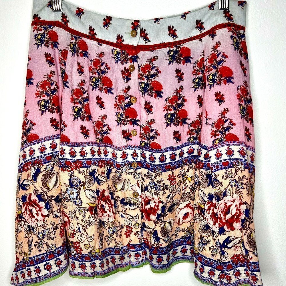Anthropologie Raga Women's Skirt L Mini Floral Button Down Lined Cotton Boho NWT